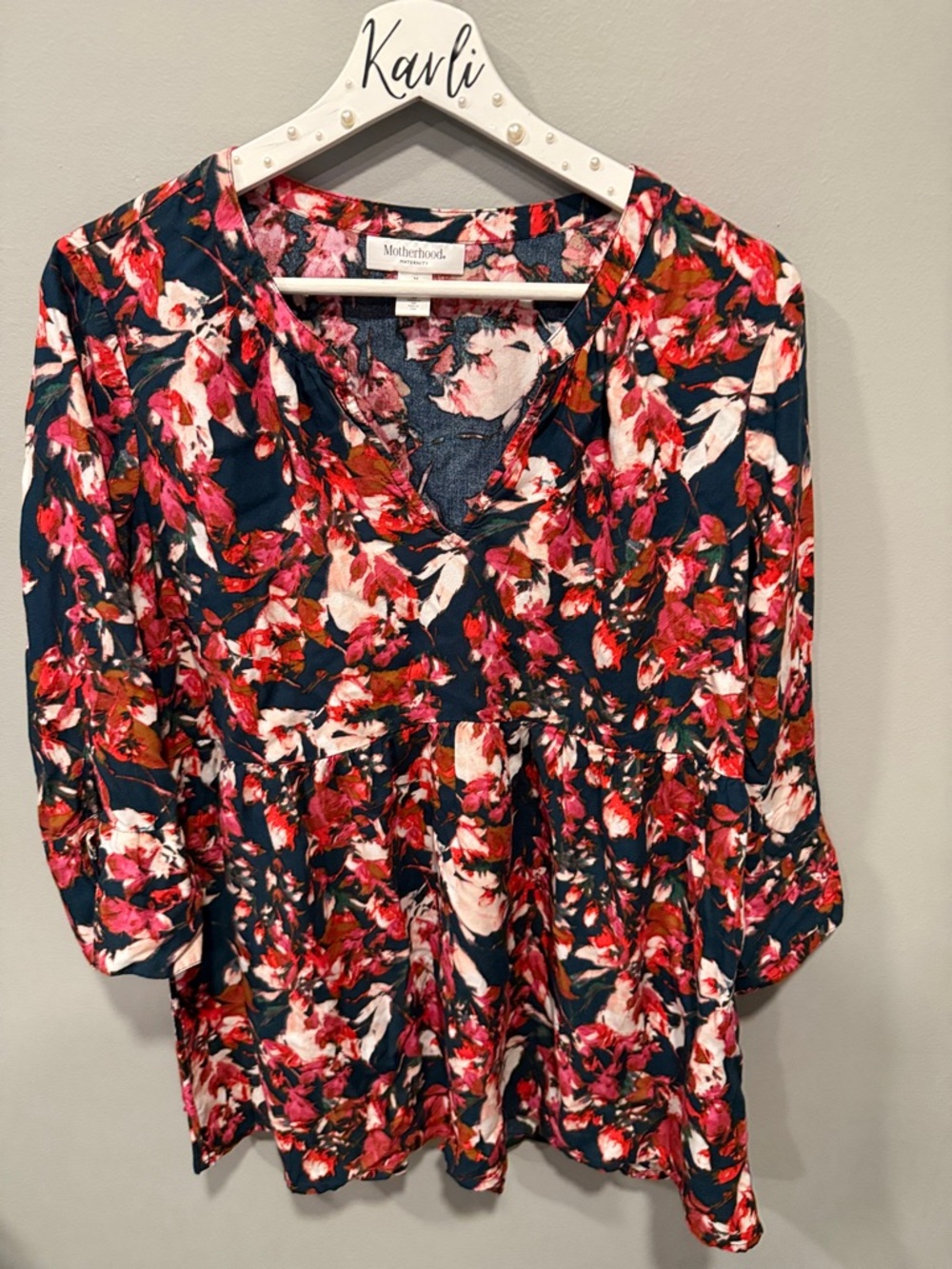 Motherhood Navy Floral V-Neck Tunic with Pink and Cream Blooms